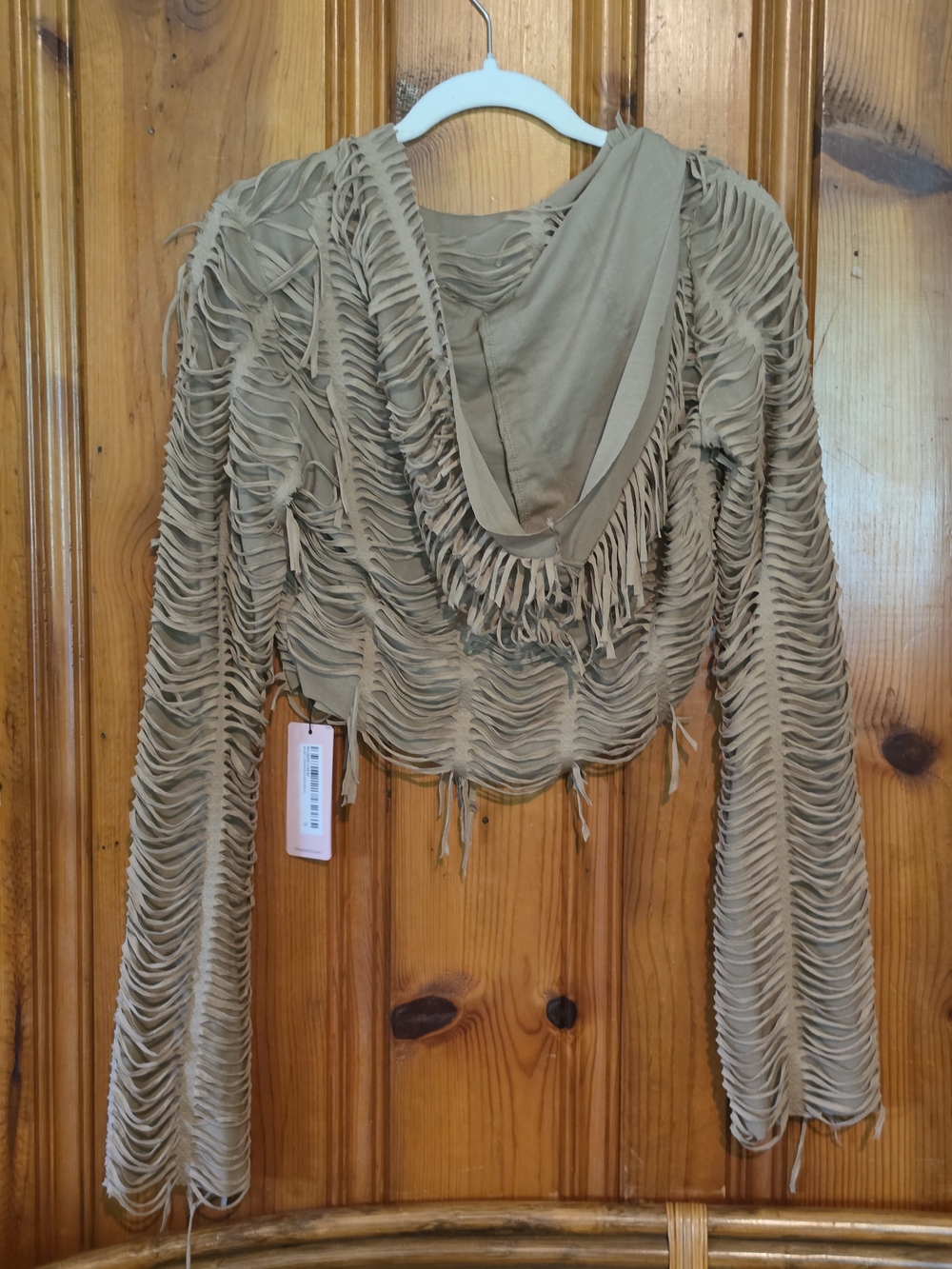 Women's Beige Hooded Fringe Knit Hoodie - Picture 9 of 16